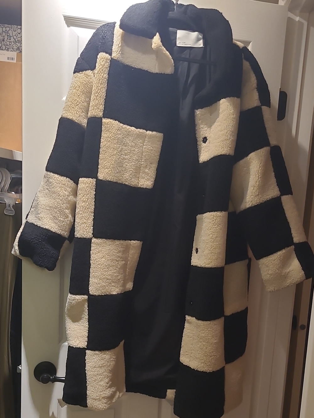 OAK + FORT Black and Cream Checkered Teddy Coat